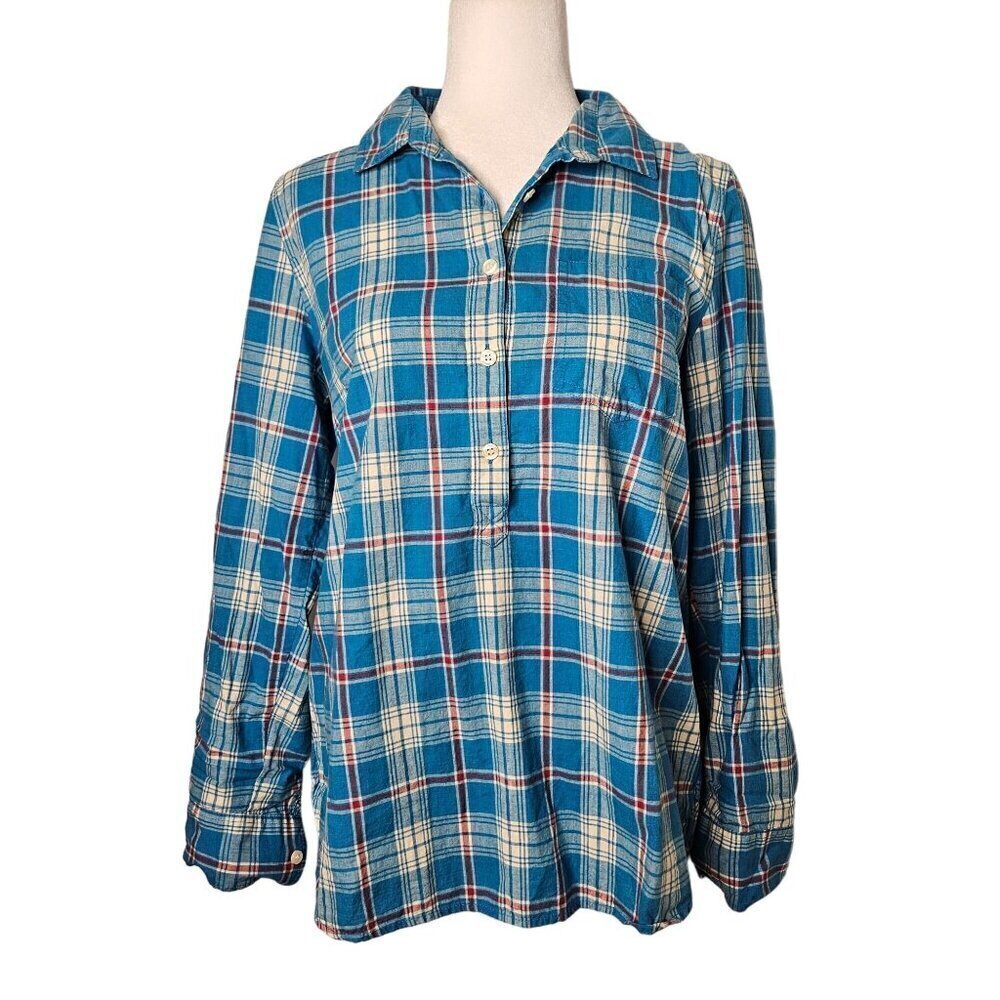 J. Crew Perfect Fit Plaid 1/4 Button Shirt Medium Cotton Blue/Red/White
